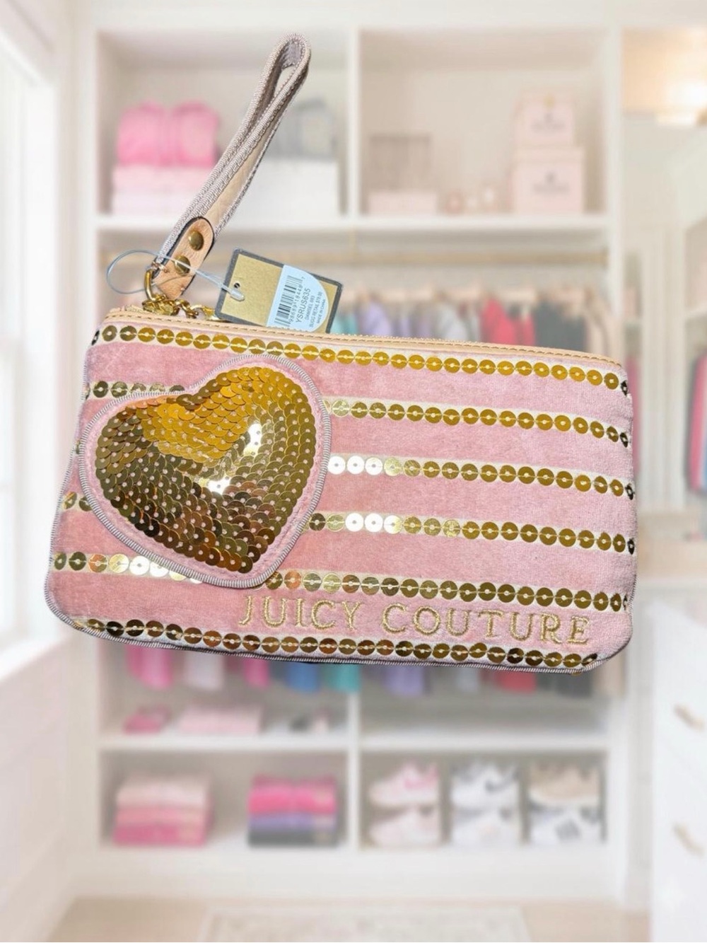 NWT Vintage Juicy Couture Pink Sequin Stripe Wristlet with Gold Heart Accent